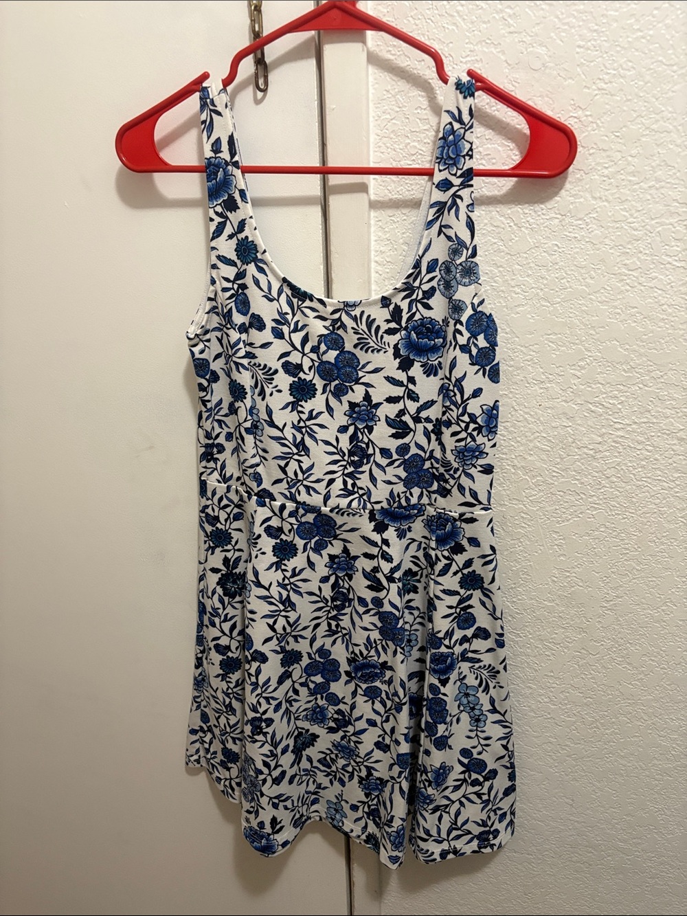 Divided White Mini Dress with Blue Floral Print